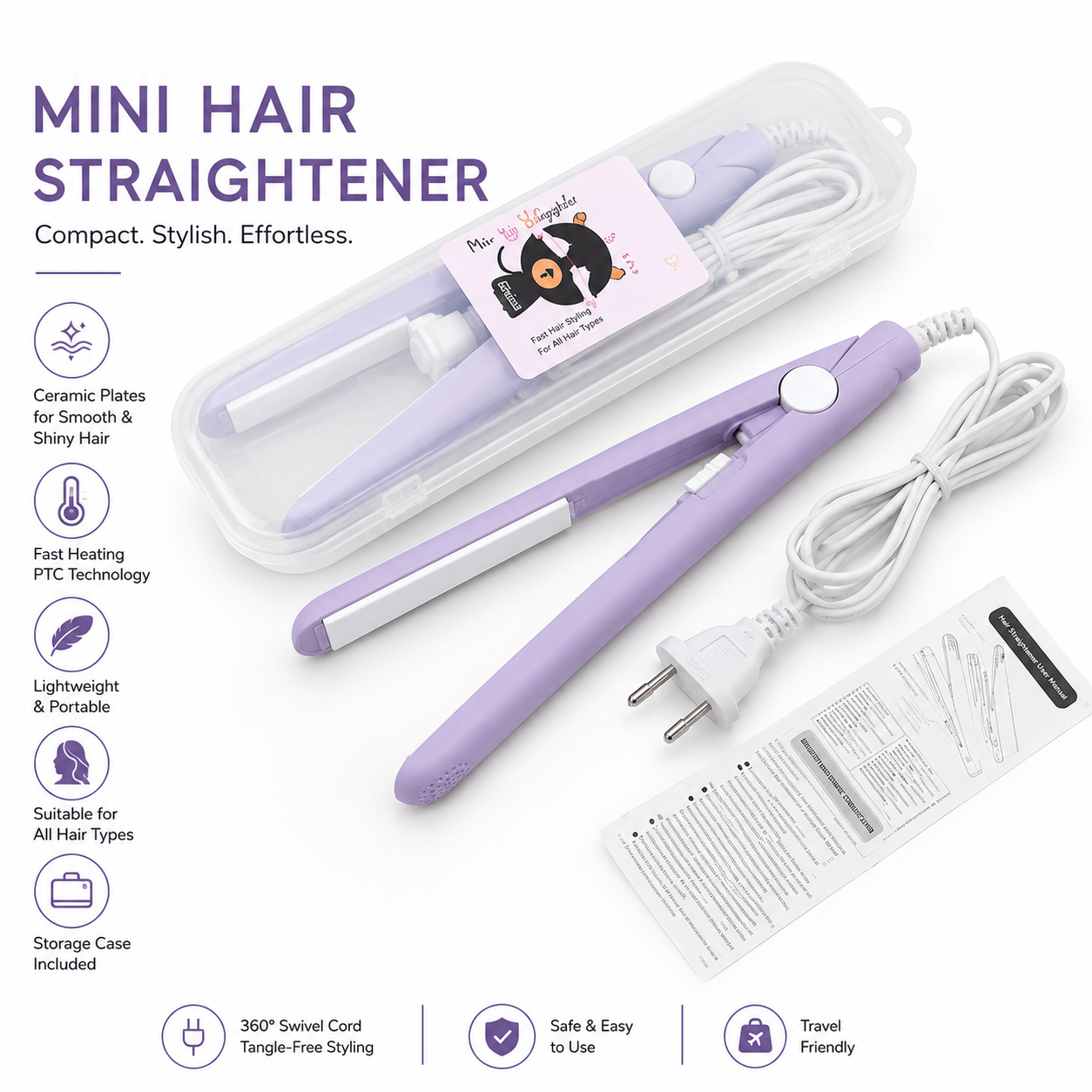 Mini Ceramic Hair Straightener | Portable Travel Hair Styling Iron