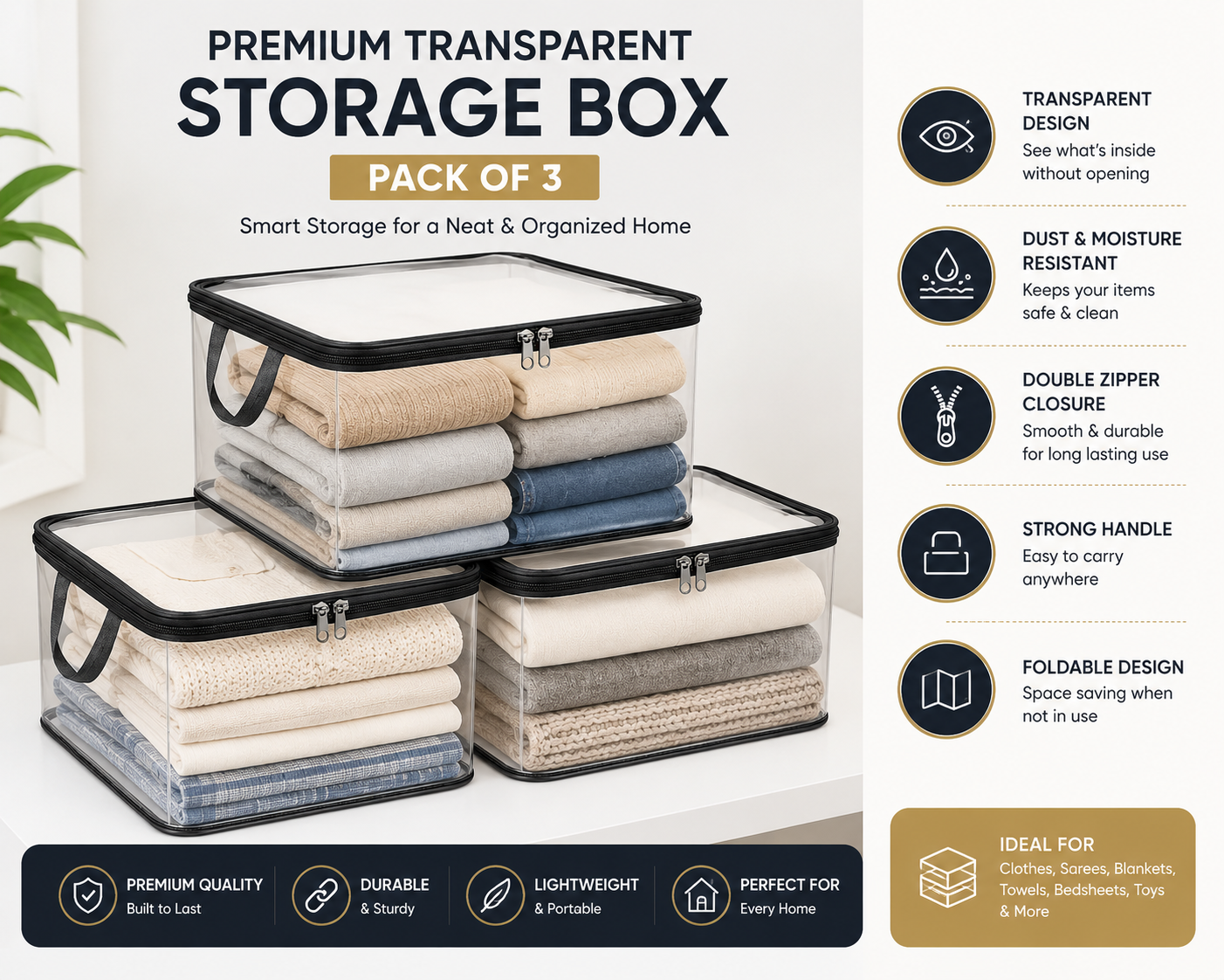 Clear PVC Storage Organizer for saree and clothes – Pack of 3 with Double Zipper
