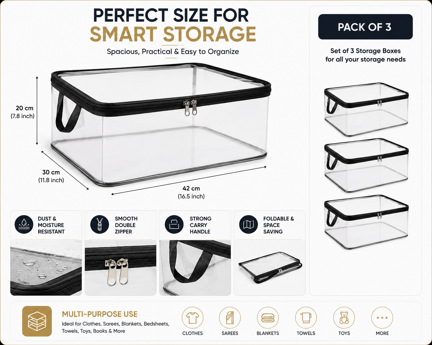 Clear PVC Storage Organizer for saree and clothes – Pack of 3 with Double Zipper
