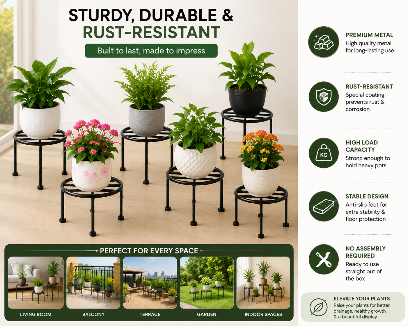 Premium Metal Plant Stand (Pack of 6) | Indoor & Outdoor Flower Pot Holder