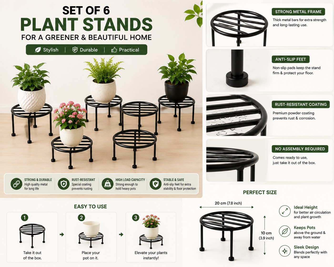 Premium Metal Plant Stand (Pack of 6) | Indoor & Outdoor Flower Pot Holder