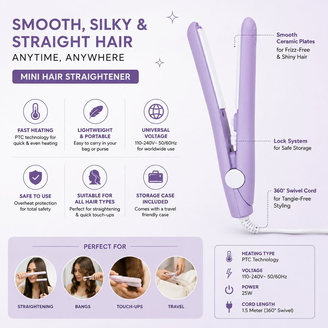 Mini Ceramic Hair Straightener | Portable Travel Hair Styling Iron